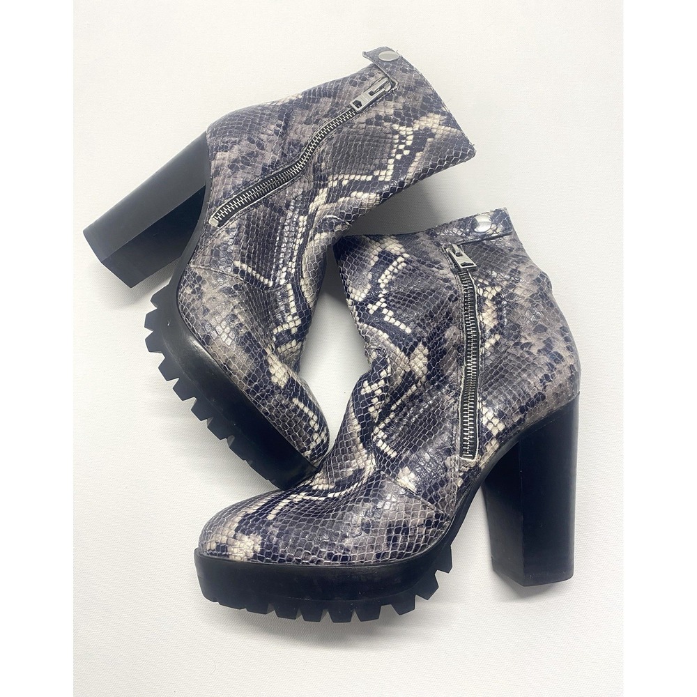 Allsaints Women's Ana Snake Embossed Lug Sole Boot Chunky Black Gray. Size 7.5